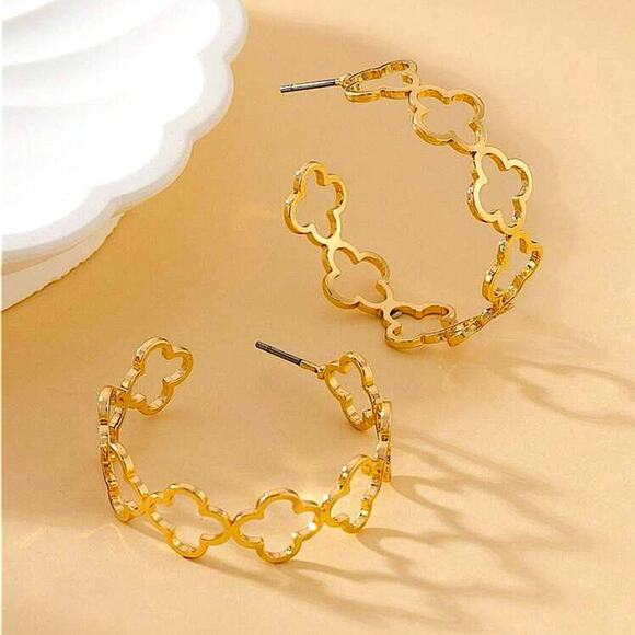 Gold Four Leaf Clover Hoop Earrings, Luxury Minimalist - Picture 5 of 5